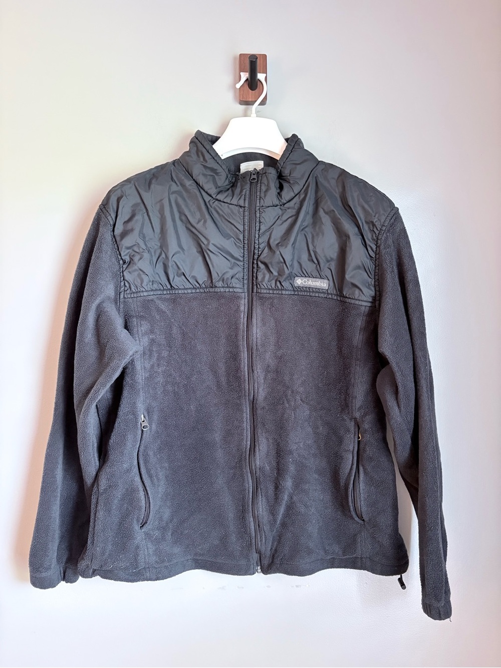 Columbia Mens XXL Black Full Zip Fleece Jacket Nylon Yoke Outerwear